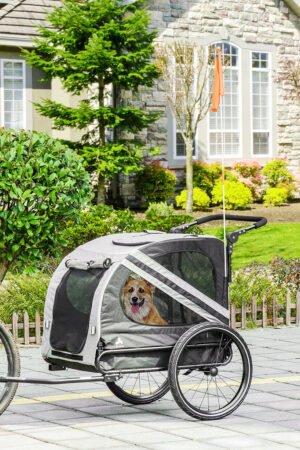 2-in-1 dog bike trailer and pet stroller with safety flag