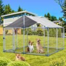 Large galvanized steel outdoor dog kennel with roof