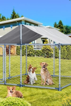 Large galvanized steel outdoor dog kennel with roof
