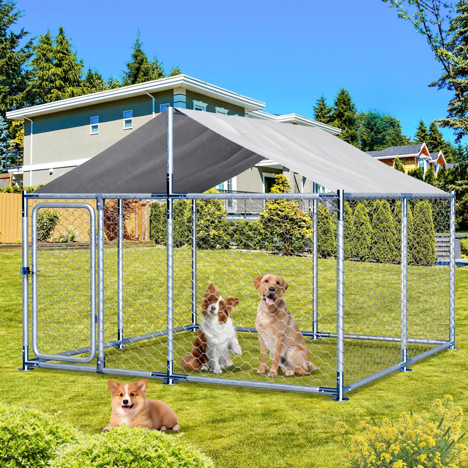 Large galvanized steel outdoor dog kennel with roof