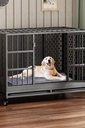 XXL heavy-duty square-tube metal dog crate with lockable wheels