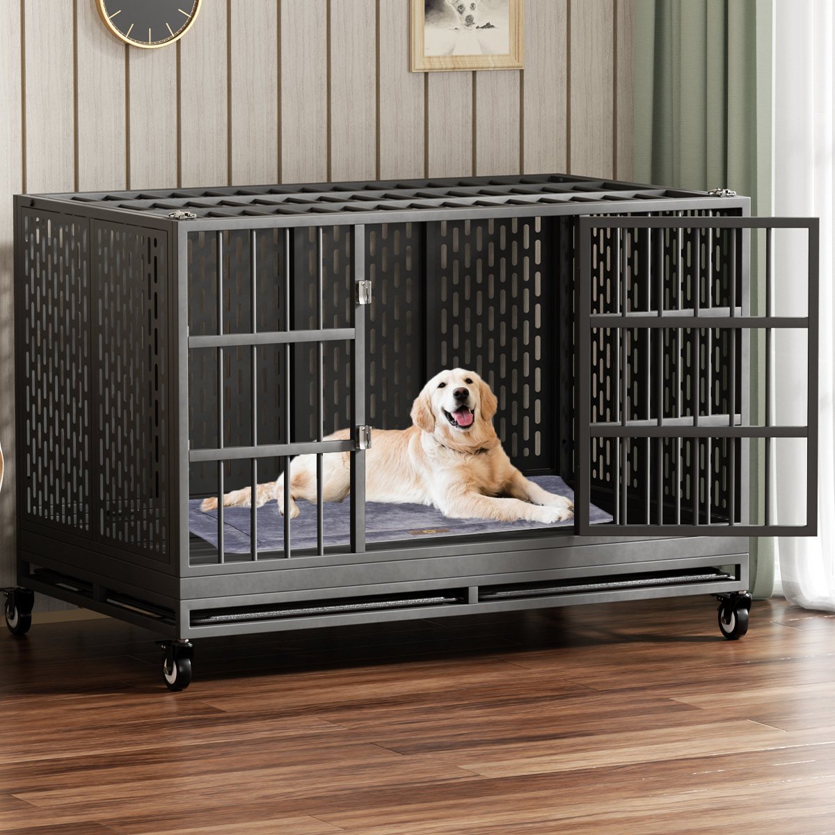 XXL heavy-duty square-tube metal dog crate with lockable wheels