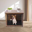 Wooden dog crate furniture styled as an end table in a living room