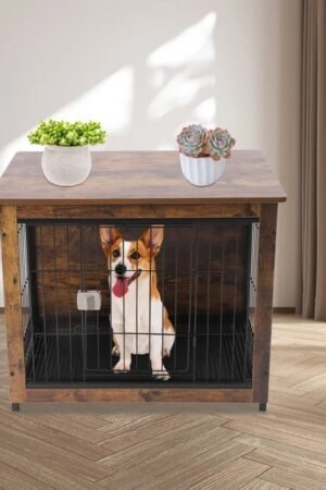 Wooden dog crate furniture styled as an end table in a living room