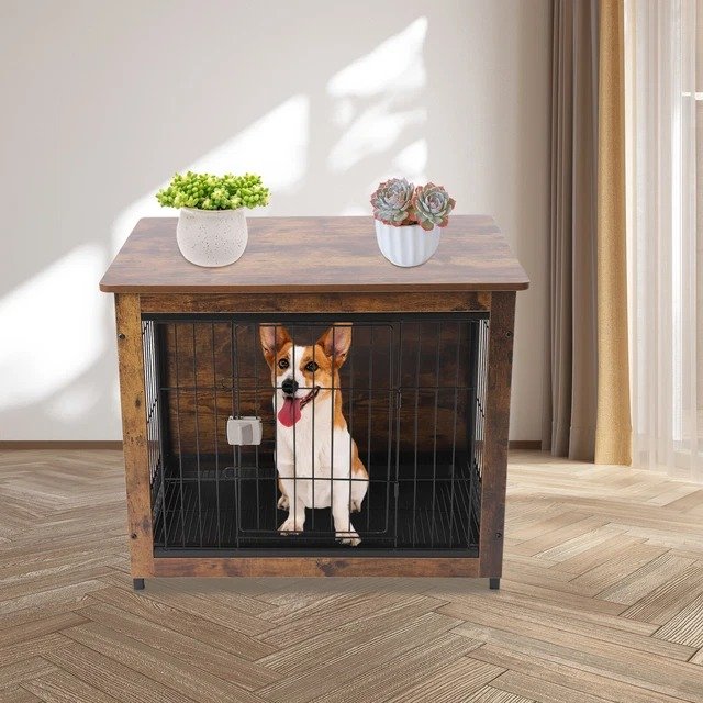 Wooden dog crate furniture styled as an end table in a living room