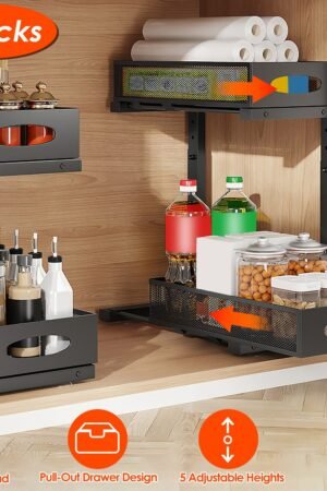 2Pc Under Sink Organizer, 2-Tier Adjustable Pull Out Storage Rack