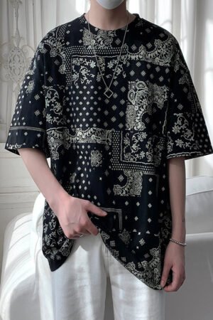 Bandana Print T-Shirt, Men's Loose Cotton Tee Plus Size M-5XL