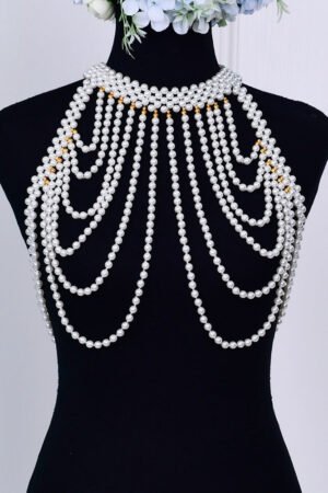 Hand Beaded Pearl Cape, Wedding Shoulder Shawl with Chain