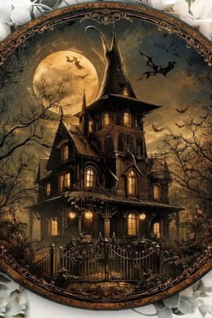 8x8" Vintage Halloween Haunted House Metal Sign