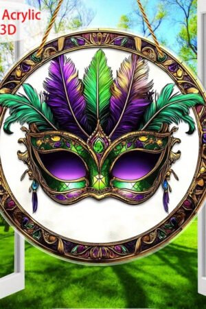 Vintage Carnival Mask Suncatcher, Round Acrylic Wall Hanging Decor
