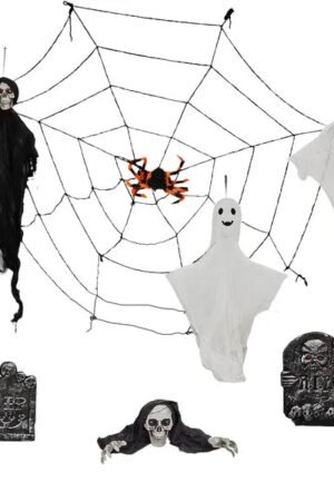 8-Piece Halloween Hanging Ghosts, Cobweb & Gravestone Set