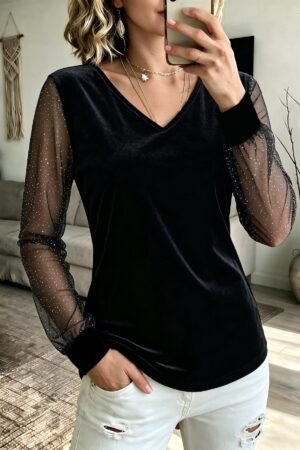 Women's Black Glitter Mesh Long Sleeve V Neck Tunic Top Sheer Sleeve Casual Blouse