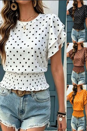 Women’s Polka Dot Round Neck Gathered Short Sleeve Casual T-Shirt