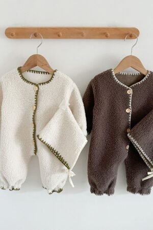 Fleece-Lined Baby Romper, Warm Western Style Jumpsuit with Hat