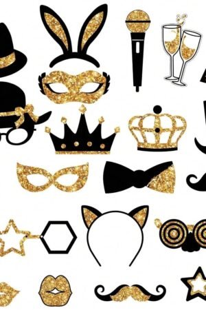 24Pc Gold Photo Booth Props, Party Hats, Crowns & Mustache Set