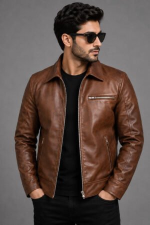 Brown Shirt Collar Vintage Leather Jacket