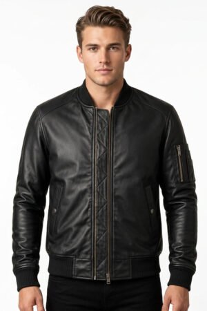 The Ace | Men's Black Leather Bomber Jacket