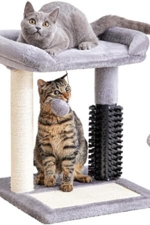 4-in-1 Cat Tree Tower with Scratching Posts, Toys & Grooming Brush