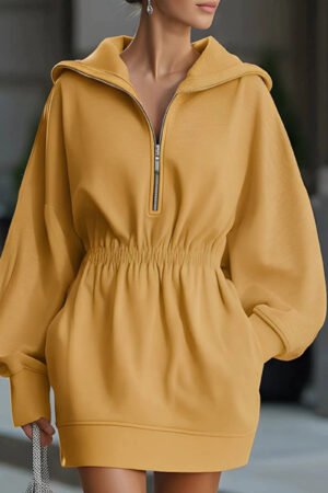 Fitted-waist Relaxed-fit Long-sleeve Half-zip Hooded Sweatshirt Dress