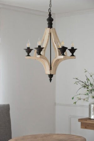 6 - Light Wood Chandelier With Adjustable Chain For Kitchen, Dining Hall Entrance, Bulb Not Included