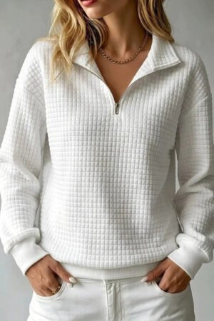 Loose-fit Waffle-knit Stand-collar Zip-up Long-sleeve Womens Sweatshirt