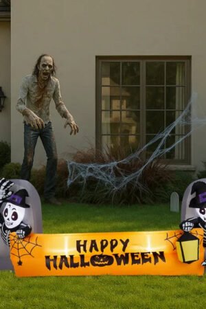 9.6FT Halloween Inflatable Skeleton Tombstone with LEDs