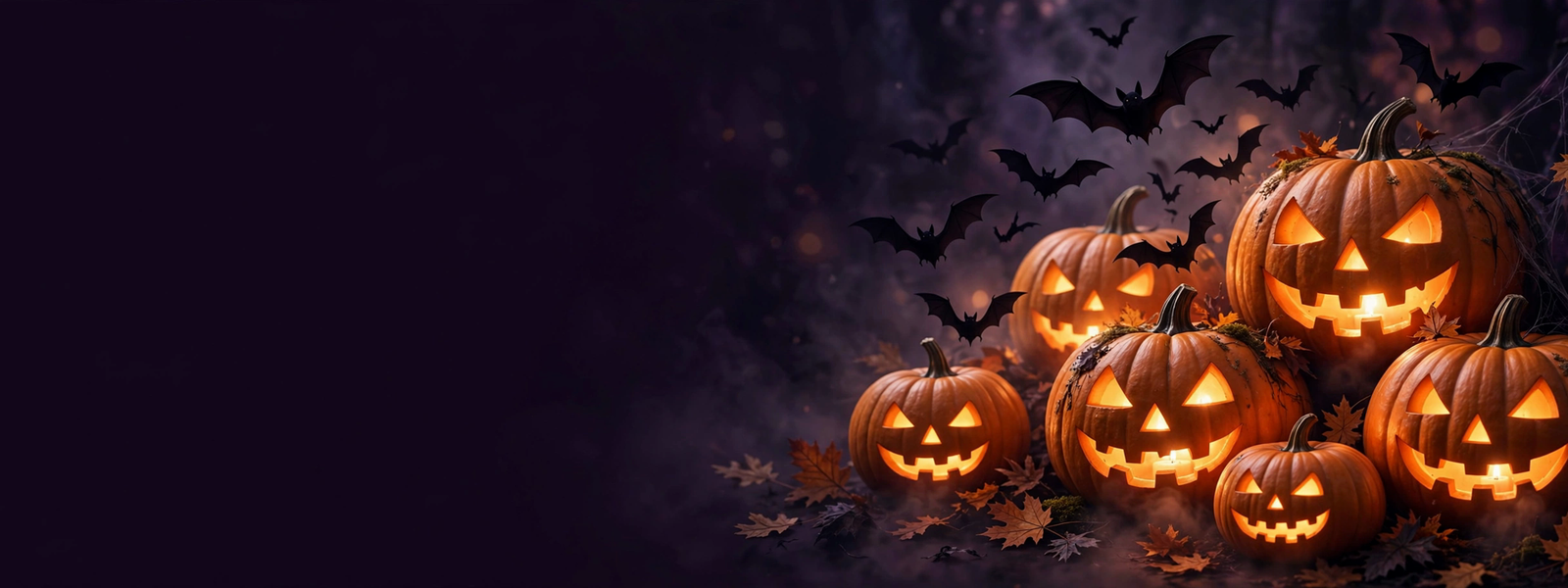 Glowing jack-o-lantern pumpkins and bats on a dark purple night