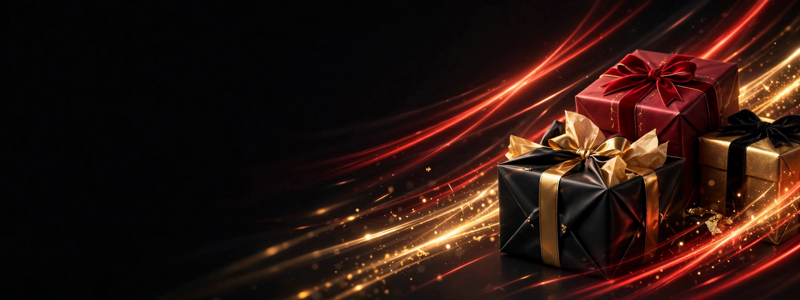 Black background with red and gold light streaks and gift boxes